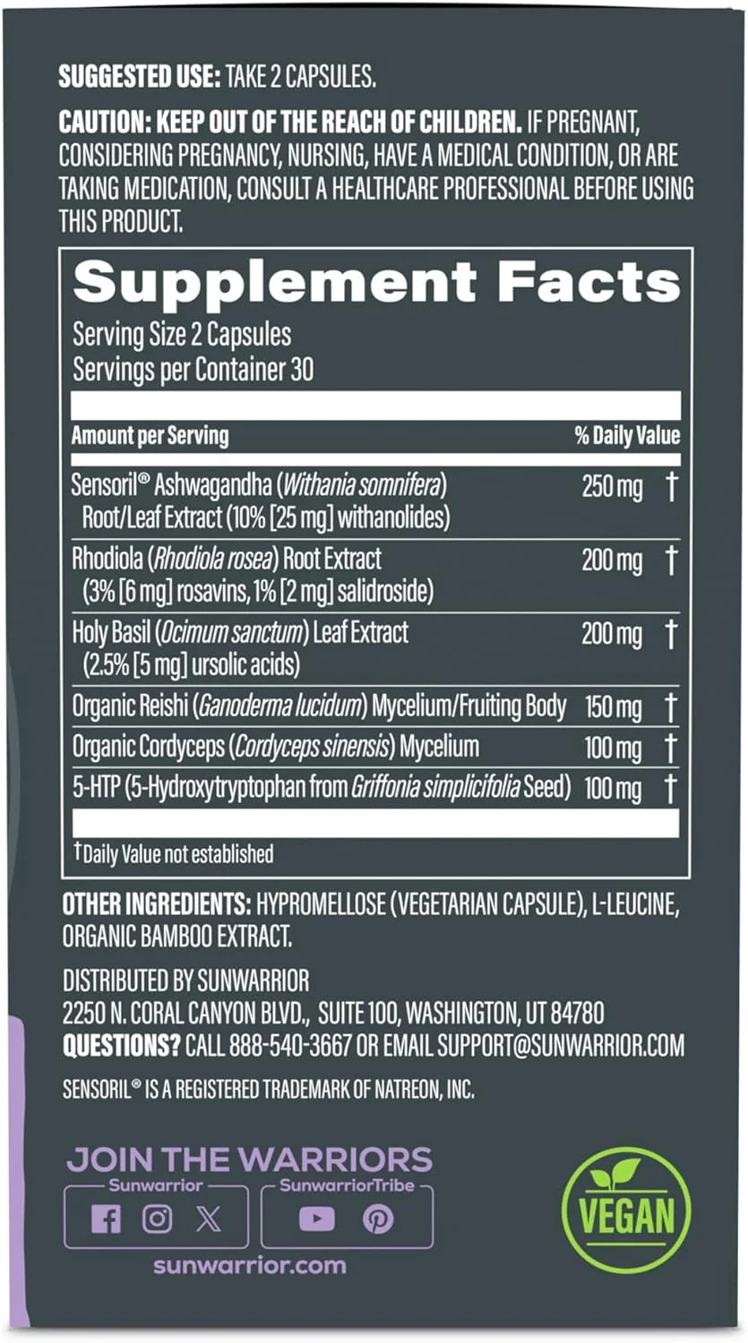 آشواگاندا، رودیولا، ریشی و 5-HTP برای تمرکز بدون استرس، کپسول های تمرکز و تعادل فعال، نوتروپیک بدون کافئین برای انرژی آرام و وضوح ذهنی، پشتیبانی از خلق و خو و سیستم ایمنی، 60 کپسول گیاهی