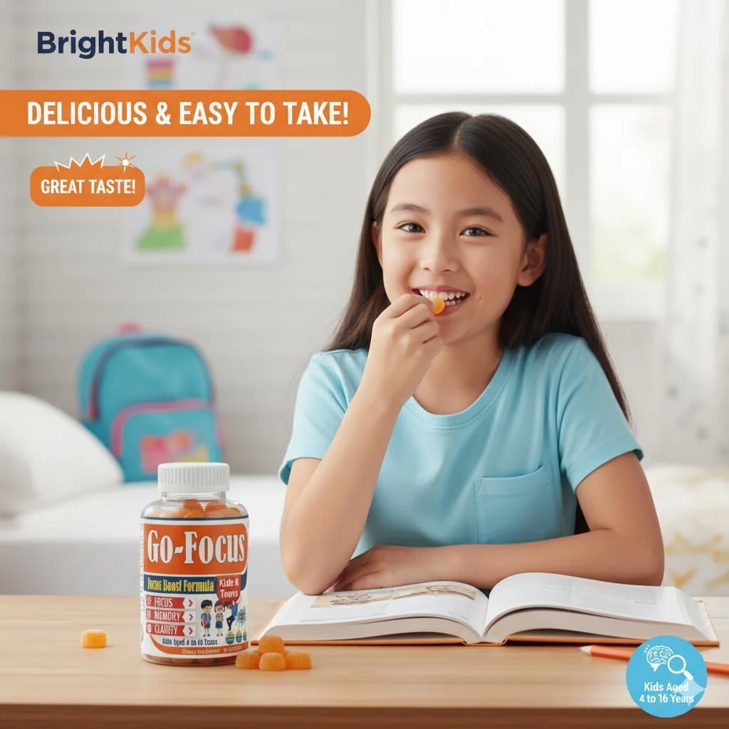 مکمل های تقویت حافظه و تمرکز برای کودکان BrightKids، پاستیل های امگا 3 و DHA برای تمرکز کودکان، مکمل تقویت حافظه و تمرکز برای کودکان و نوجوانان - کم شکر، طعم میوه طبیعی 60 پاستیل