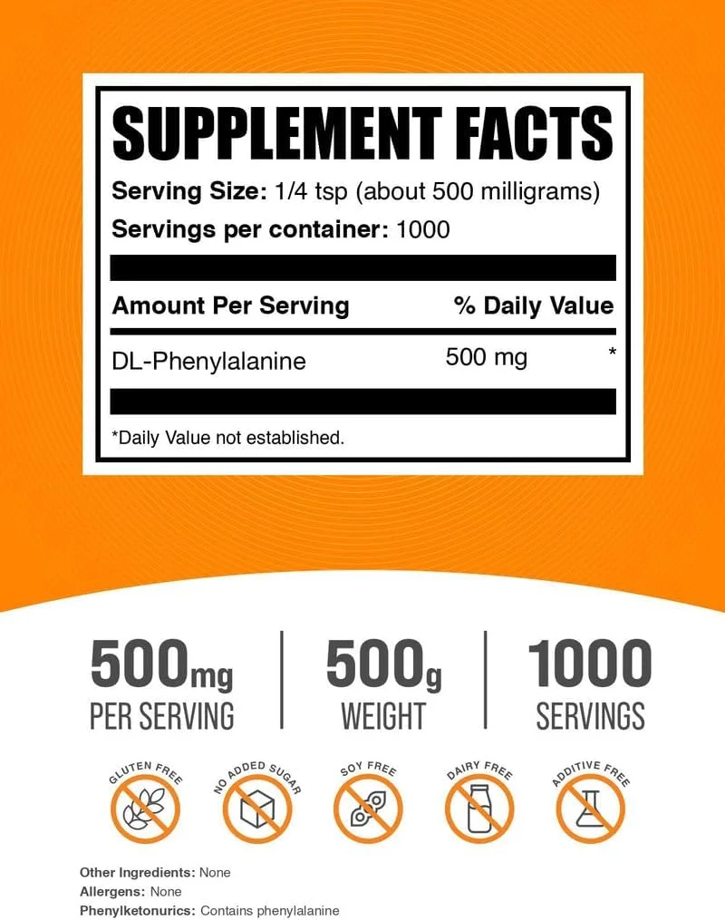 پودر DL- فنیل آلانین BulkSupplements.com - پودر DLPA، مکمل فنیل آلانین - بدون طعم و گلوتن، 500 میلی گرم در هر وعده، 500 گرم (1.1 پوند) (بسته 1 عددی)