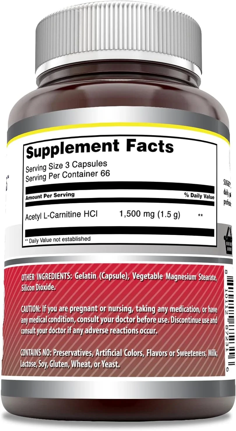 استیل ال-کارنیتین اچ سی ال 1500 میلی گرم | مکمل کپسول های گیاهی | غیر تراریخته | بدون گلوتن | ساخت آمریکا (1 بسته | 200 عدد)