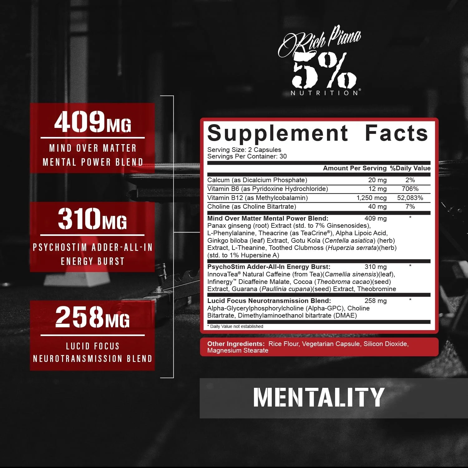 مخلوط نوتراپیک Rich Piana Mentality از 5% Nutrition | مکمل تقویت کننده مغز برای عملکرد، حافظه، وضوح ذهنی | جینسینگ، جینکگو، ال-تیانین، کولین، هوپرزین، 60 کپسول (30 روز) مخلوط نوتراپیک Rich Piana Mentality از 5% Nutrition | مکمل تقویت کننده مغز برای عملکرد، حافظه، وضوح ذهنی | جینسینگ، جینکگو، ال-تیانین، کولین، هوپرزین، 60 کپسول (30 روز)