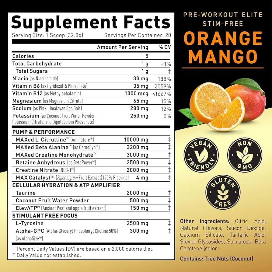 پودر مکمل قبل از تمرین کیجِد الیت بدون محرک | انبه پرتقالی | مکمل قبل از تمرین با کراتین، بتا آلانین، ال-سیترولین، بی سی ای ای | بدون کافئین | مکمل های قبل از تمرین برای آقایان و بانوان | 20 سروینگ