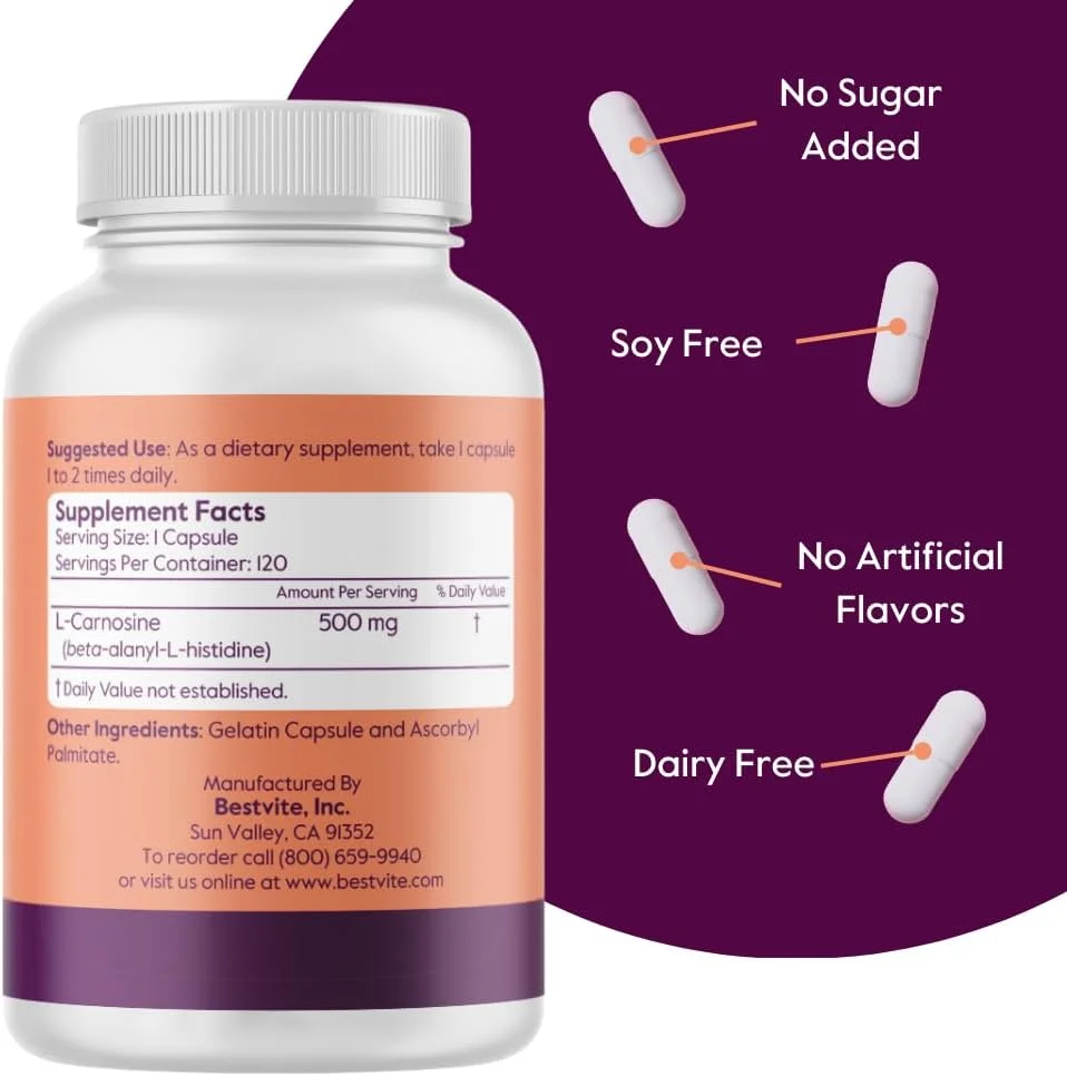 ال-کارنوزین 500 میلی گرم بست ویت (120 کپسول) بدون مواد افزودنی - بدون استئارات - غیر GMO - بدون گلوتن ال-کارنوزین 500 میلی گرم بست ویت (120 کپسول) بدون مواد افزودنی - بدون استئارات - غیر GMO - بدون گلوتن