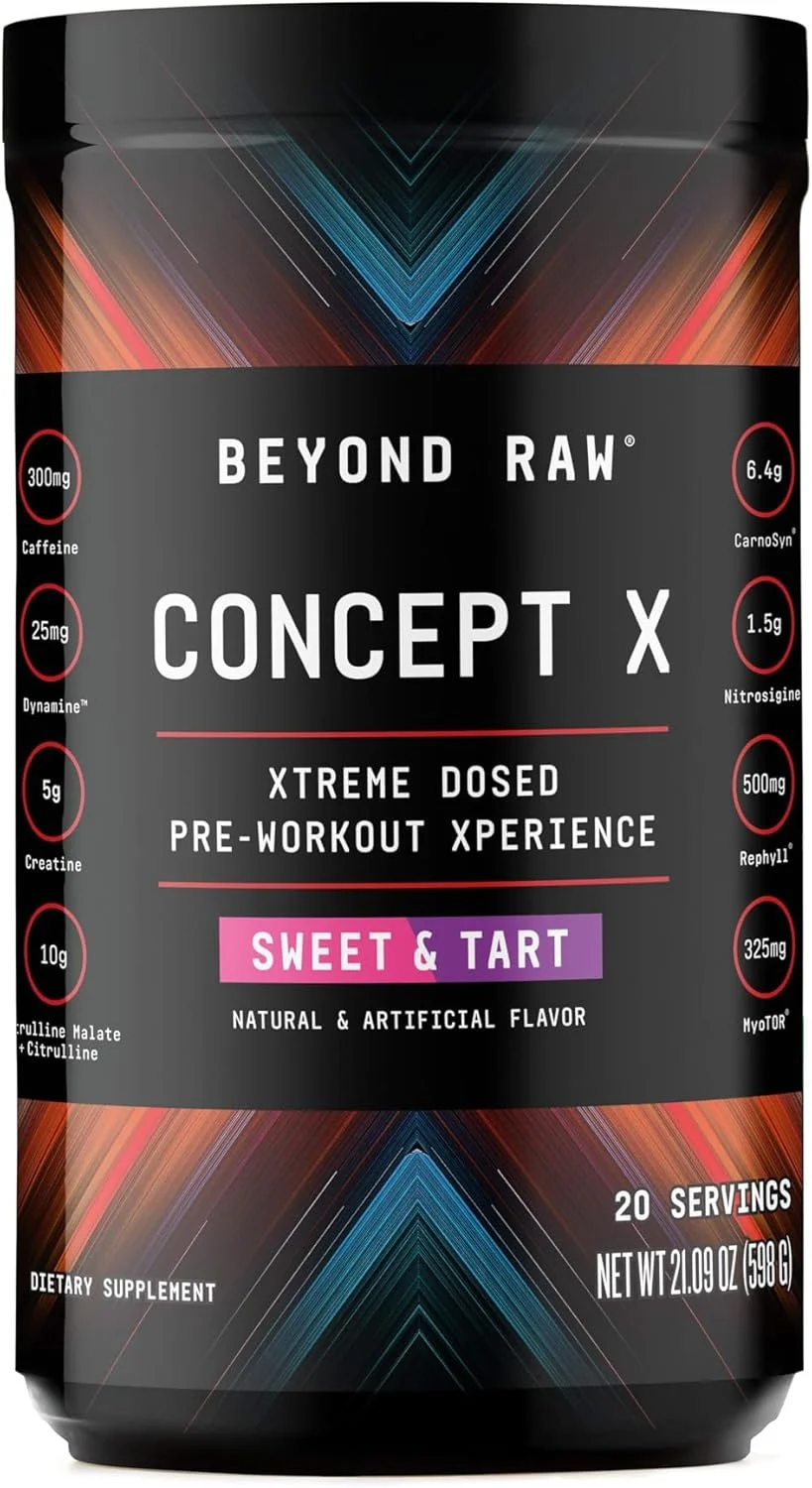 پودر پیش تمرینی BEYOND RAW Concept X با دوز بالینی، حاوی کافئین، ال-سیترولین، کراتین و بتا آلانین، طعم ترش و شیرین، 20 سروینگ پودر پیش تمرینی BEYOND RAW Concept X با دوز بالینی، حاوی کافئین، ال-سیترولین، کراتین و بتا آلانین، طعم ترش و شیرین، 20 سروینگ