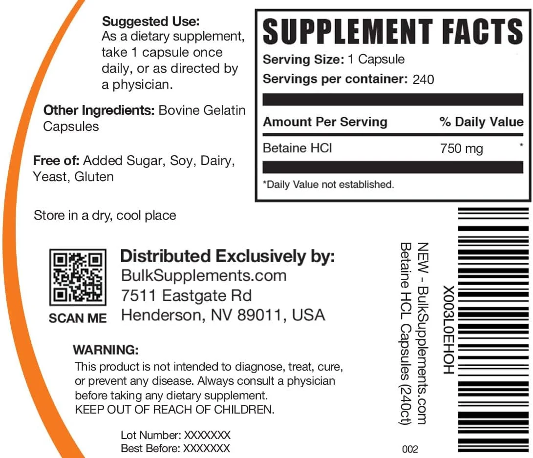 کپسول های بتائین هیدروکلراید BulkSupplements.com - مکمل بتائین هیدروکلراید برای پشتیبانی از هضم، بتائین HCl 750 میلی گرم - بدون گلوتن، 1 کپسول در هر وعده، 240 کپسول (بسته 1 عددی)