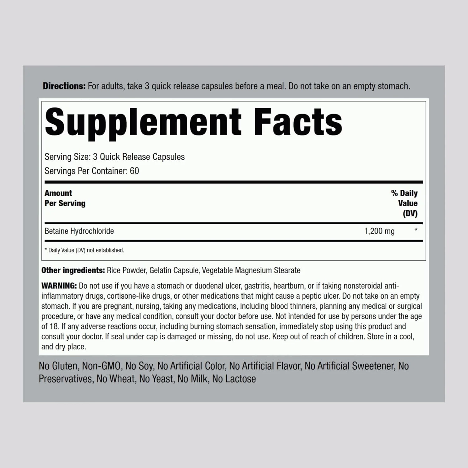 کپسول های بتائین HCL پایپینگ راک | 1200 میلی گرم | 180 عدد | مکمل هیدروکلراید | غیر تراریخته، بدون گلوتن