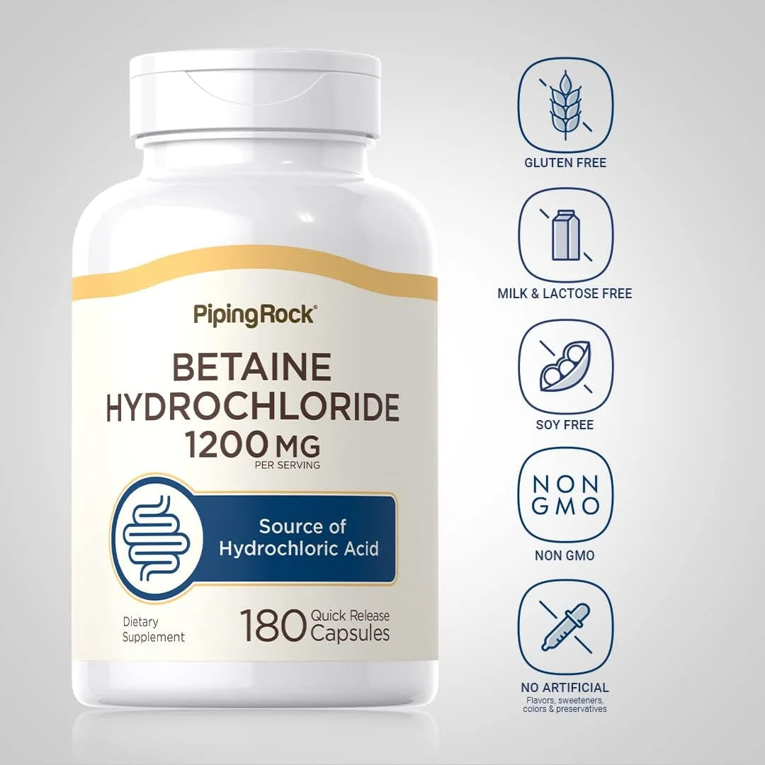 کپسول های بتائین HCL پایپینگ راک | 1200 میلی گرم | 180 عدد | مکمل هیدروکلراید | غیر تراریخته، بدون گلوتن