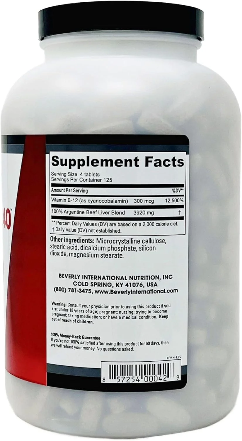 قرص جگر گاو تغذیه شده با علف Beverly International Ultra 40، 500 عدد. راز دوران طلایی برای افزایش طبیعی رشد عضلات، استقامت و عملکرد. از موانع عبور کنید - استقامت