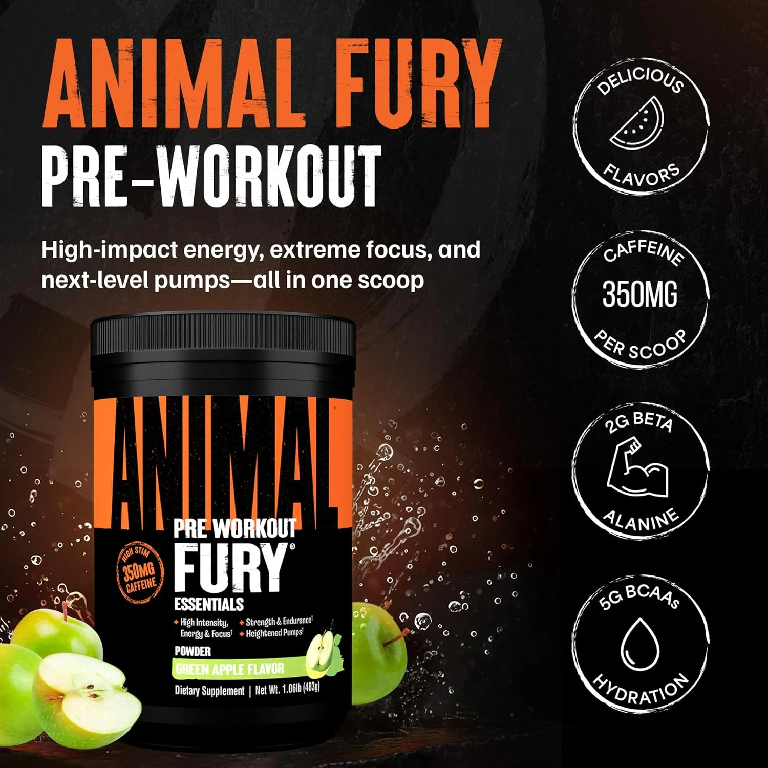 پودر قبل از تمرین Animal Fury - سیب سبز، 350 میلی گرم کافئین، آمینو اسیدهای BCAA، 2 گرم بتا آلانین، سیترولین و تیروزین، انرژی، تمرکز، قدرت، استقامت، مکمل قبل از تمرین برای مردان و زنان، 20 سروینگ