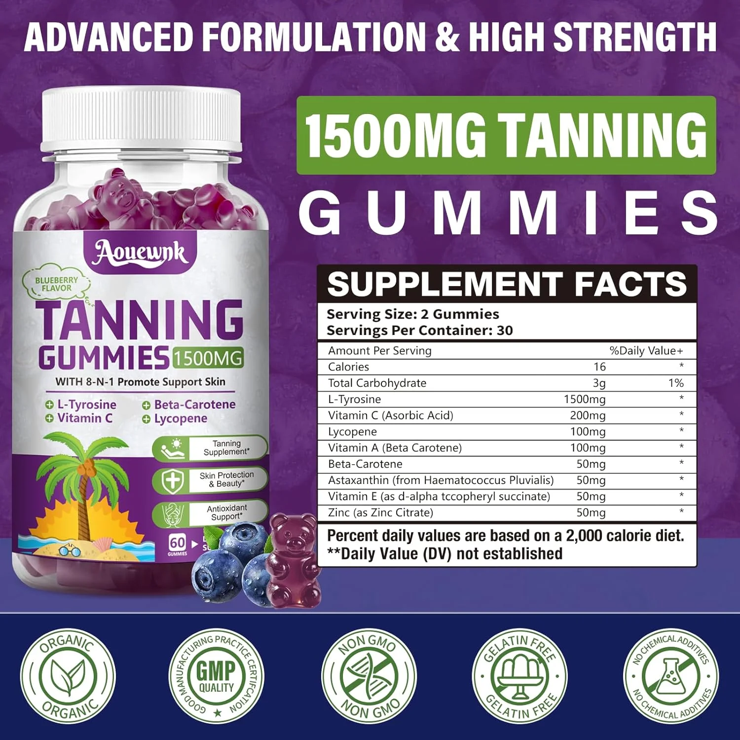 یک بسته آدامس های قدرتمند برنزه کننده 1500 میلی گرمی برای بزرگسالان، زنان و مردان - مکمل روزانه برنزه کننده، حاوی ال-تیروزین، لیکوپن، بتاکاروتن و آستاگزانتین، پشتیبانی از عملکرد و رنگدانه پوست