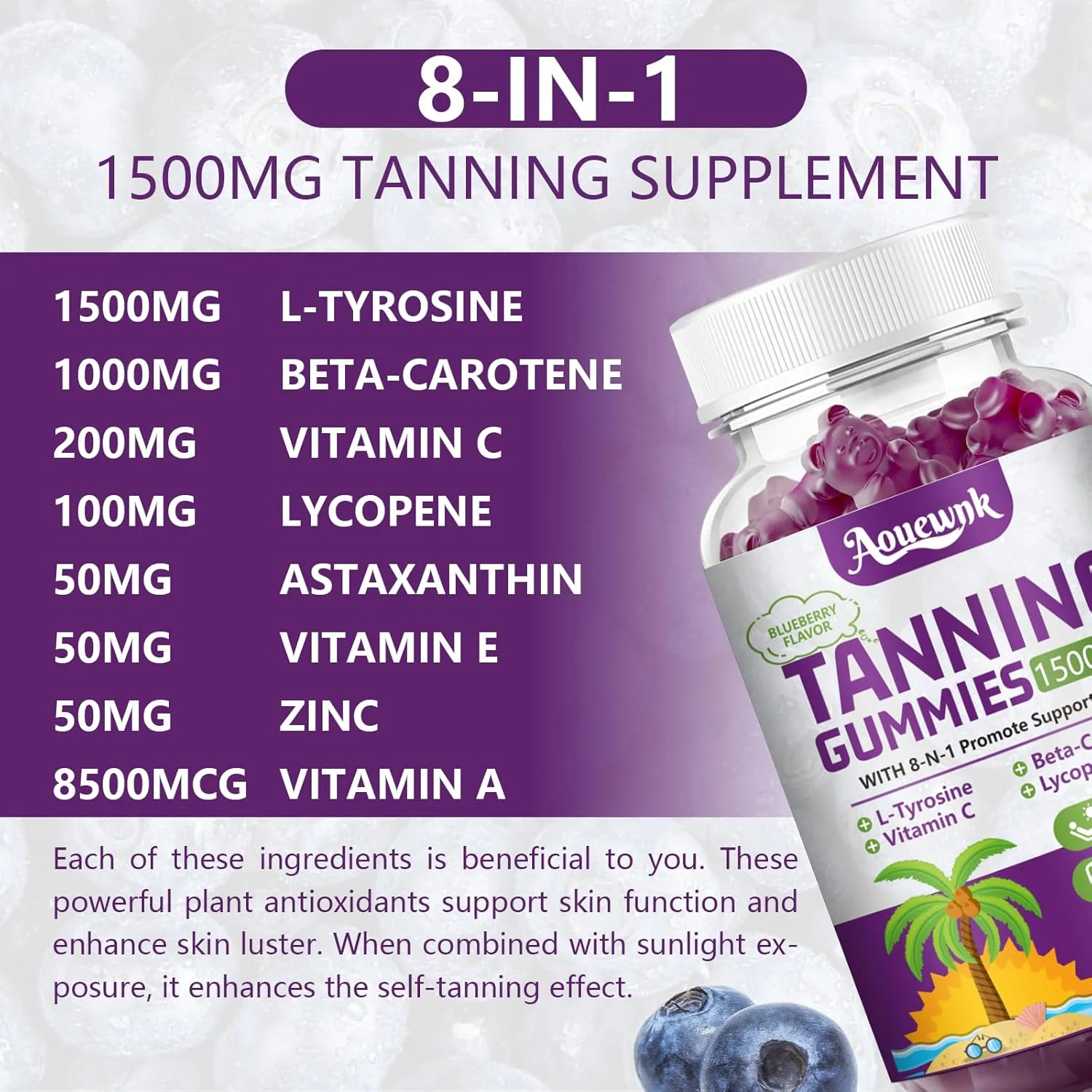 یک بسته آدامس های قدرتمند برنزه کننده 1500 میلی گرمی برای بزرگسالان، زنان و مردان - مکمل روزانه برنزه کننده، حاوی ال-تیروزین، لیکوپن، بتاکاروتن و آستاگزانتین، پشتیبانی از عملکرد و رنگدانه پوست