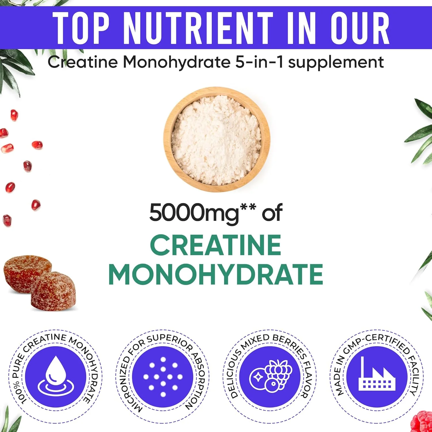 پاستیل کراتین Adndale برای زنان و مردان، 5000 میلی گرم در هر وعده مکمل کراتین مونوهیدرات با بتا آلانین، ال سیترولین و B12 - 75 پاستیل گیاهی. بدون شکر