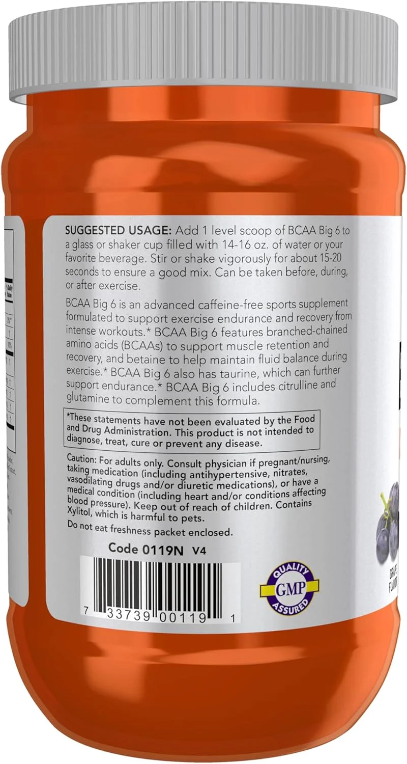 NOW Foods Sports Nutrition, BCAA (اسیدهای آمینه شاخه دار) Big 6، طعم انگور، 600 گرم NOW Foods Sports Nutrition, BCAA (اسیدهای آمینه شاخه دار) Big 6، طعم انگور، 600 گرم