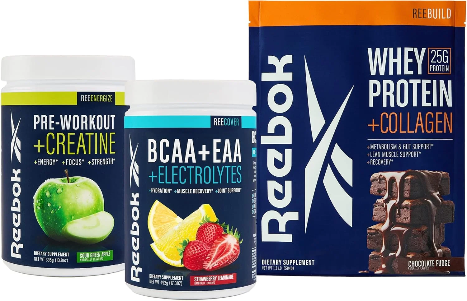 مجموعه سیستم عملکردی ریباک | مکمل قبل از تمرین REEEnergize، مکمل BCAA + EAA ریکاوری REECover، پروتئین وی + کلاژن REEBuild | سیستم کامل عملکرد ورزشی مجموعه سیستم عملکردی ریباک | مکمل قبل از تمرین REEEnergize، مکمل BCAA + EAA ریکاوری REECover، پروتئین وی + کلاژن REEBuild | سیستم کامل عملکرد ورزشی