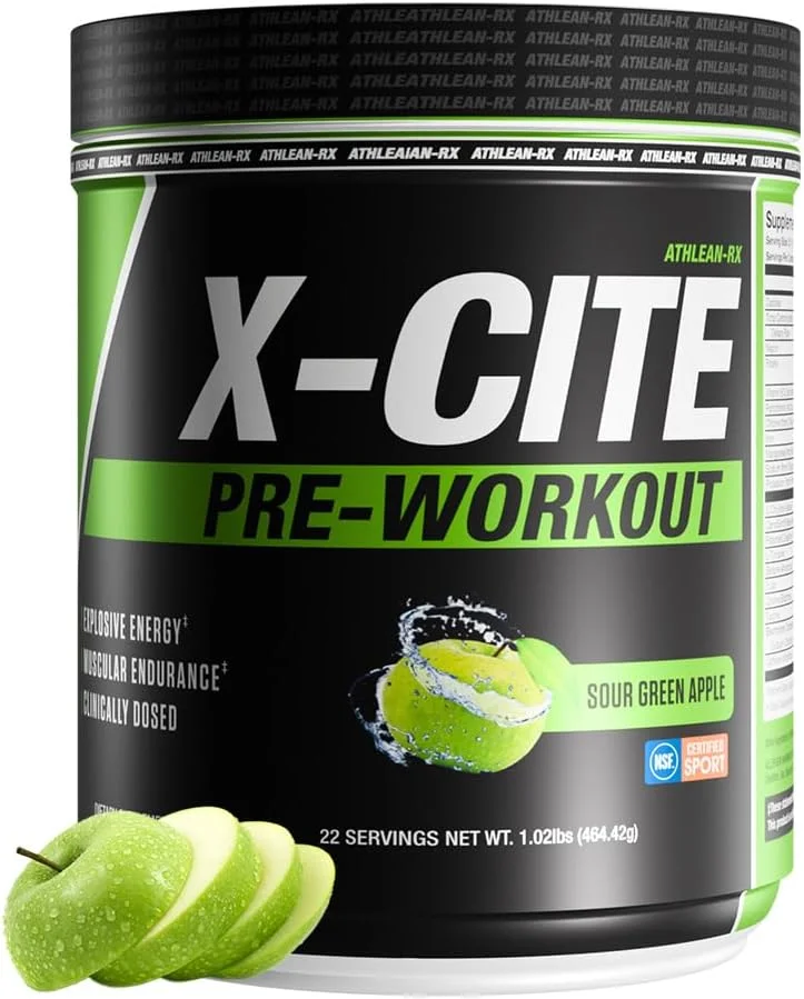 مکمل قبل از تمرین X-CITE از ATHLEAN-X - فرمول پیشرفته با بتا آلانین، کراتین و کافئین برای انرژی، استقامت، تمرکز و پمپاژ عضلانی نهایی، دارای گواهی NSF برای ورزش (22 سروینگ، سیب سبز ترش)