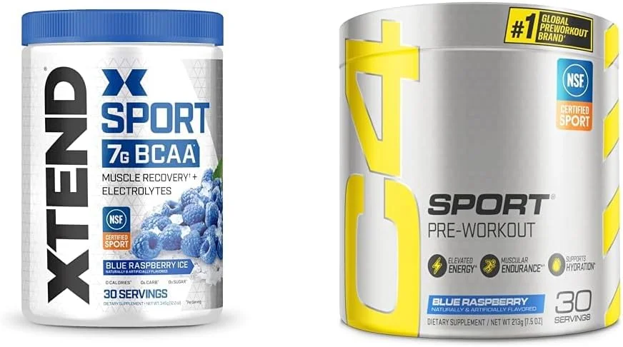 پودر بی سی ای ای ورزشی اکستند، طعم تمشک آبی یخی - پودر الکترولیت برای ریکاوری و آبرسانی به همراه آمینو اسیدها - 30 سروینگ و پودر پیش تمرین سلکور سی 4 اسپورت، طعم تمشک آبی - انرژی پیش از تمرین