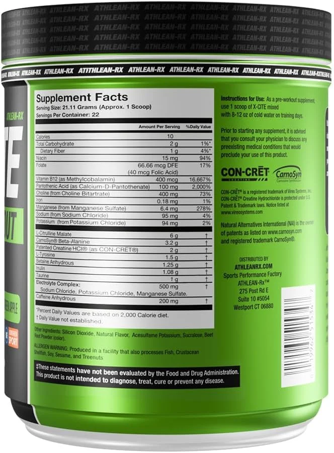 مکمل قبل از تمرین X-CITE از ATHLEAN-X - فرمول پیشرفته با بتا آلانین، کراتین و کافئین برای انرژی، استقامت، تمرکز و پمپاژ عضلانی نهایی، دارای گواهی NSF برای ورزش (22 سروینگ، سیب سبز ترش)