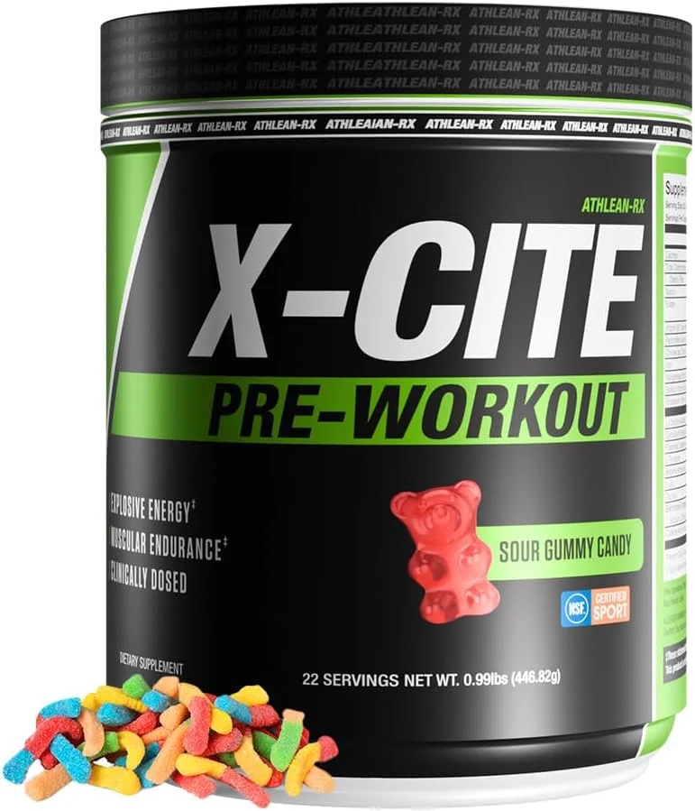 مکمل پیش از تمرین X-CITE از ATHLEAN-X - فرمول پیشرفته با بتا آلانین، کراتین و کافئین برای انرژی، استقامت، تمرکز و پمپ عضلانی نهایی، دارای گواهی NSF برای ورزش (22 سروینگ، خرس صمغی ترش)