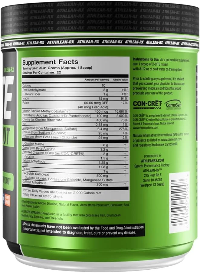 مکمل پیش از تمرین X-CITE از ATHLEAN-X - فرمول پیشرفته با بتا آلانین، کراتین و کافئین برای انرژی، استقامت، تمرکز و پمپ عضلانی نهایی، دارای گواهی NSF برای ورزش (22 سروینگ، خرس صمغی ترش)