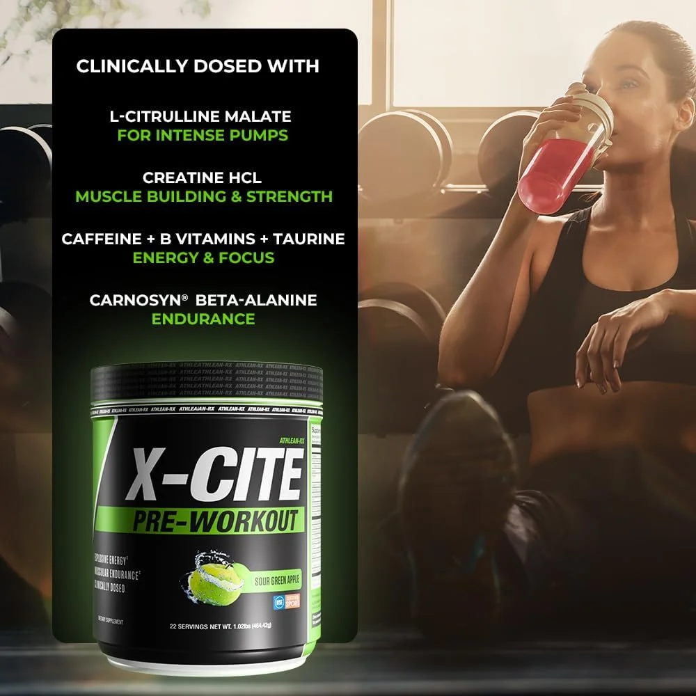 مکمل قبل از تمرین X-CITE از ATHLEAN-X - فرمول پیشرفته با بتا آلانین، کراتین و کافئین برای انرژی، استقامت، تمرکز و پمپاژ عضلانی نهایی، دارای گواهی NSF برای ورزش (22 سروینگ، سیب سبز ترش)