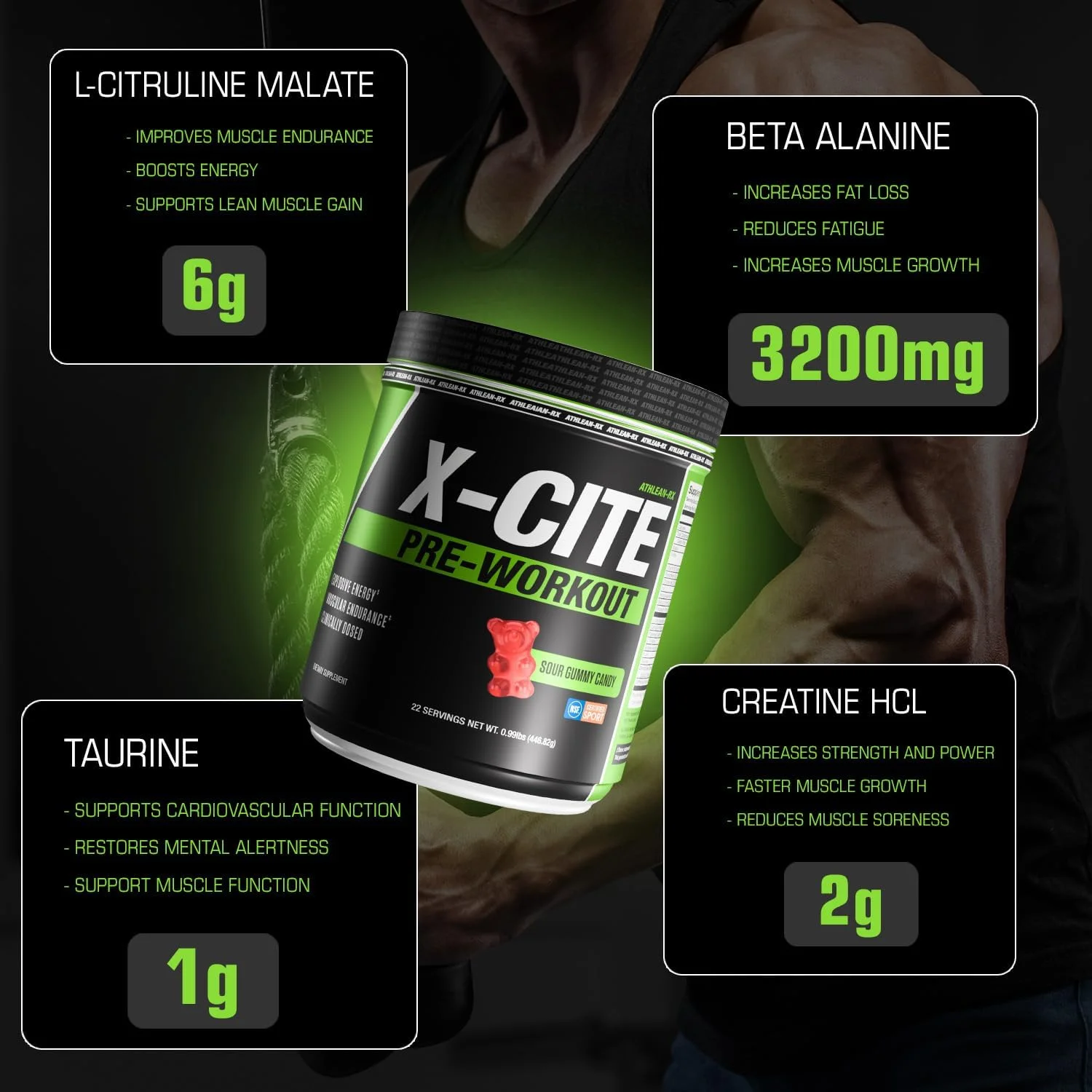 مکمل پیش از تمرین X-CITE از ATHLEAN-X - فرمول پیشرفته با بتا آلانین، کراتین و کافئین برای انرژی، استقامت، تمرکز و پمپ عضلانی نهایی، دارای گواهی NSF برای ورزش (22 سروینگ، خرس صمغی ترش)