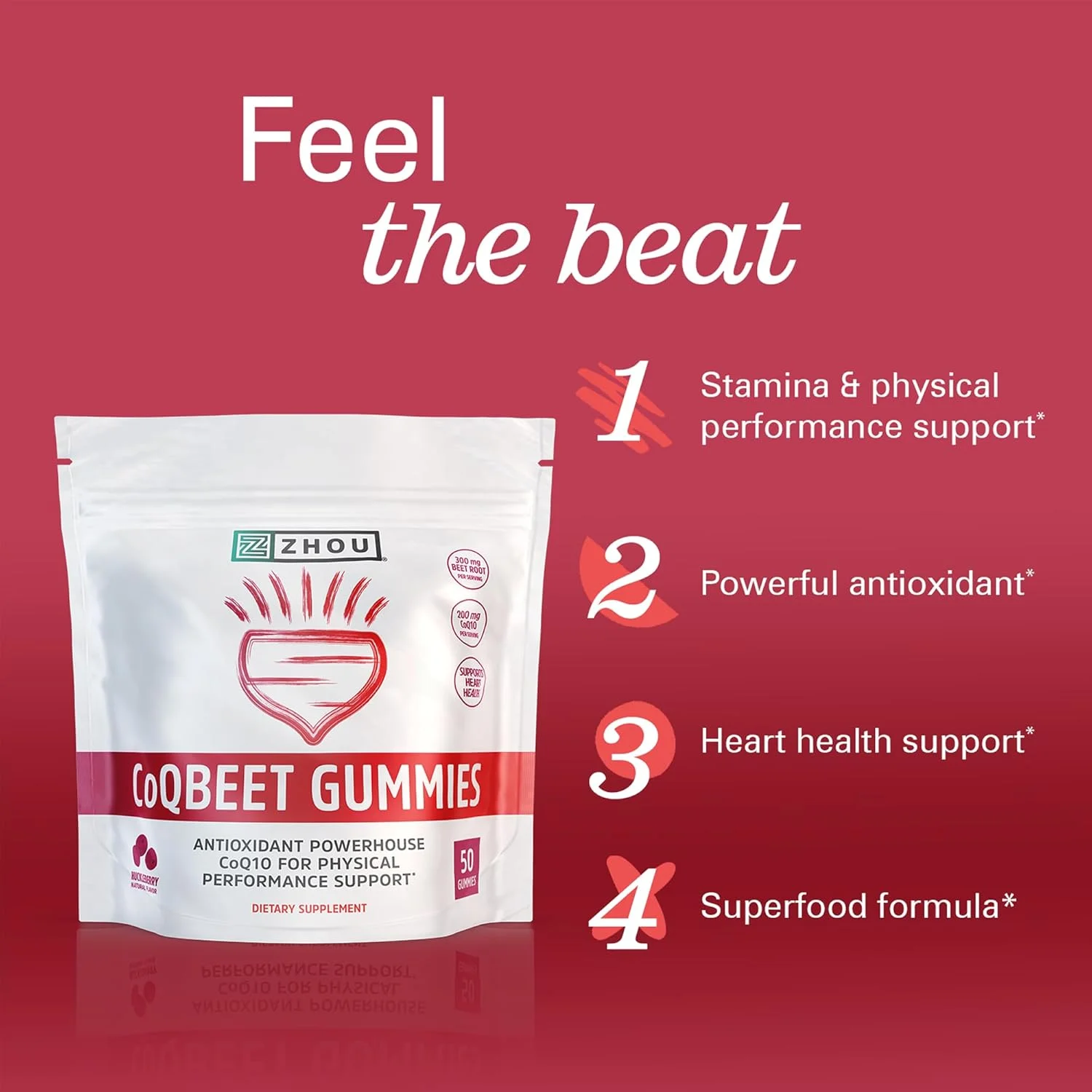 پاستیل CoQBeet ژو - پاستیل ریشه چغندر برای آقایان و بانوان، مکمل پشتیبانی از سلامت قلب و انرژی سلولی، 300 میلی گرم چغندر و 200 میلی گرم CoQ10، وگان، بدون گلوتن، طعم طبیعی بلوبری - 50 عدد