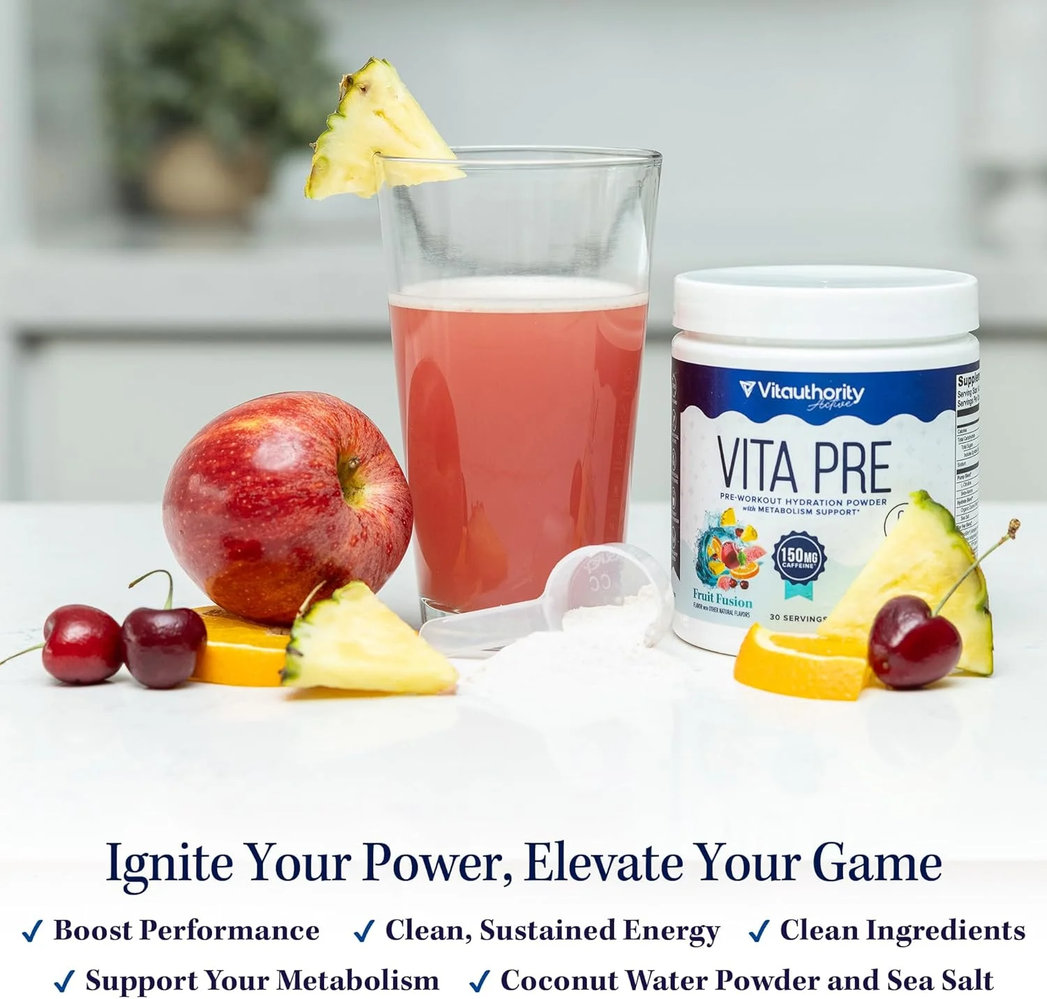 پودر آبرسان قبل از تمرین ورزشی ویت‌اُتوریتی برای زنان، انرژی و استقامت پاک، ال-سیترولین، بتا-آلانین، قهوه ارگانیک با آب نارگیل و نمک دریایی با طعم فیوژن میوه