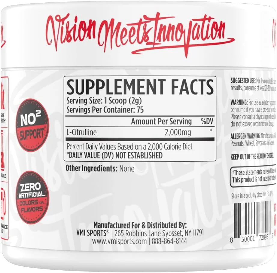 پودر سیترولین بدون طعم VMI Sports سیترولین خالص | تقویت اکسید نیتریک و پمپاژ عضلات | 2 گرم در هر وعده - 75 وعده