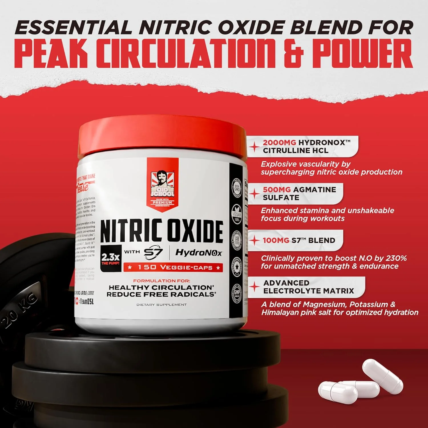 مکمل تقویت کننده نیتریک اکسید Old School Labs برای آقایان و بانوان، مکمل قبل از تمرین با HydroNOx™ Citrulline HCl و S7® Blend برای افزایش گردش خون، پمپ عضلانی و استقامت - 150 کپسول گیاهی