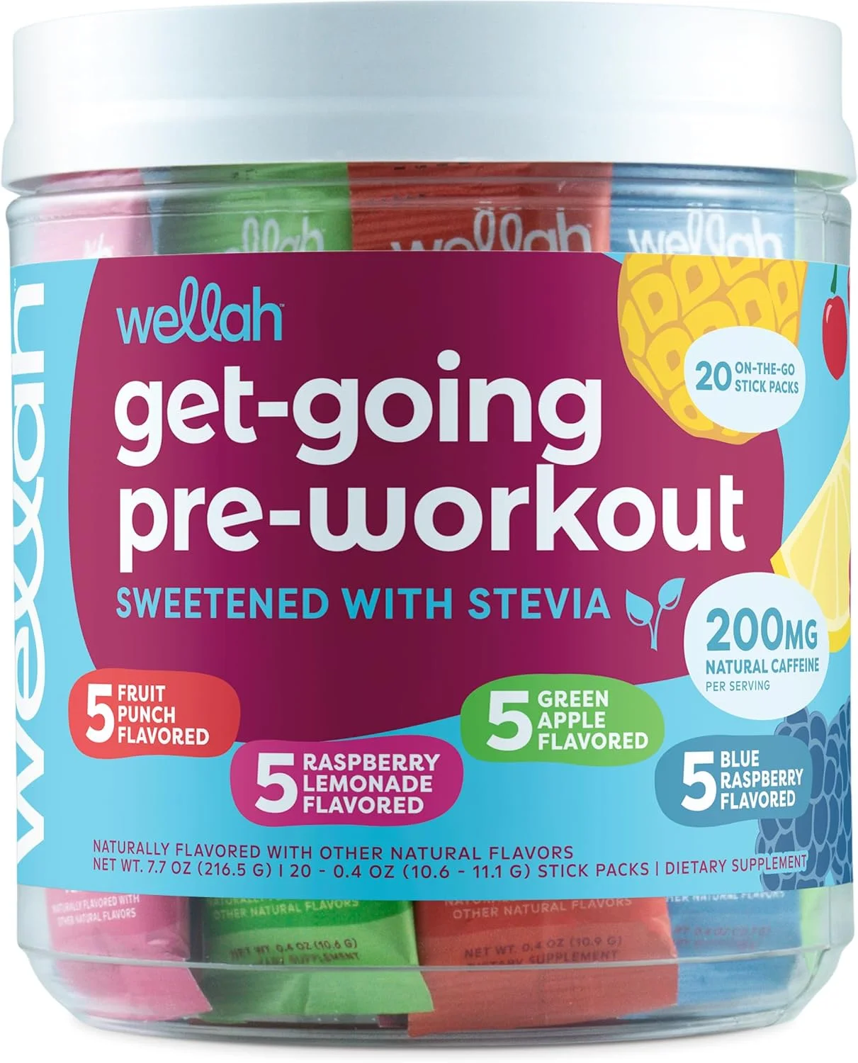 پک متنوع مکمل پیش از تمرین ولاه (20 بسته استیک) - 200 میلی گرم کافئین طبیعی، شیرین شده با استویا، پانچ میوه، لیموناد تمشک، سیب سبز، تمشک آبی