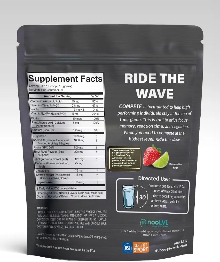 مکمل نوتراپیک WAVI Compete - مکمل قبل از تمرین برای شناخت، حافظه کاری و وضوح ذهنی، دارای گواهی NSF برای ورزش
