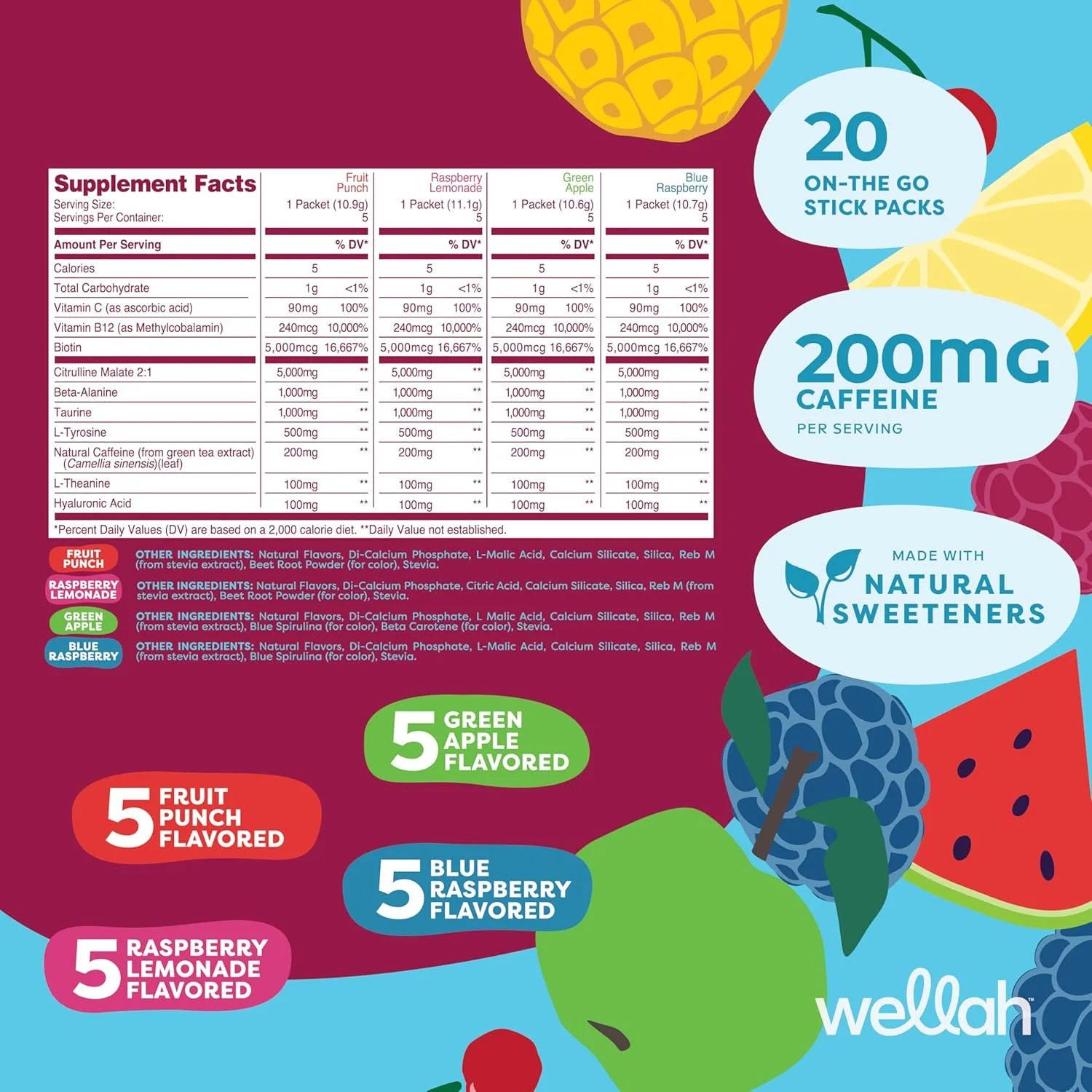 پک متنوع مکمل پیش از تمرین ولاه (20 بسته استیک) - 200 میلی گرم کافئین طبیعی، شیرین شده با استویا، پانچ میوه، لیموناد تمشک، سیب سبز، تمشک آبی