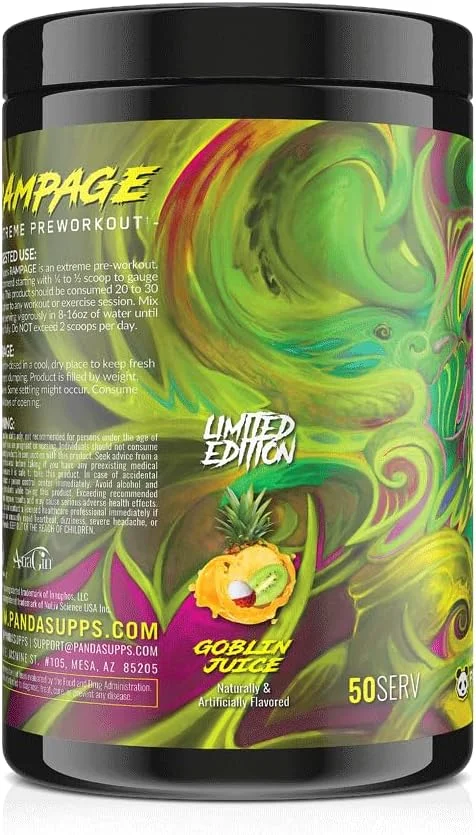 مکمل قبل از تمرین پاندا ساپس Rampage از Underground Bio Labs™: محرک قوی، افزایش پمپ، تمرکز و انرژی (۵۰ سروینگ) (طعم کیوی-لیچی-آناناس)
