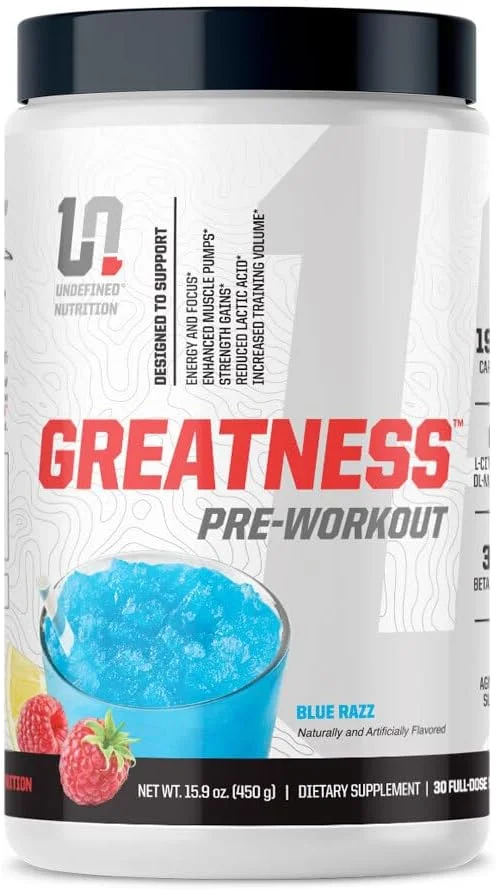 مکمل قبل از تمرین Undefined Nutrition Greatness توسط برایان شاو (30 سروینگ) – 6 گرم سیترولین مالات و 3.2 گرم بتا آلانین برای پمپ عضلانی بهتر، انرژی، تمرکز و قدرت برای مردان و زنان (450 گرم، تمشک آبی)