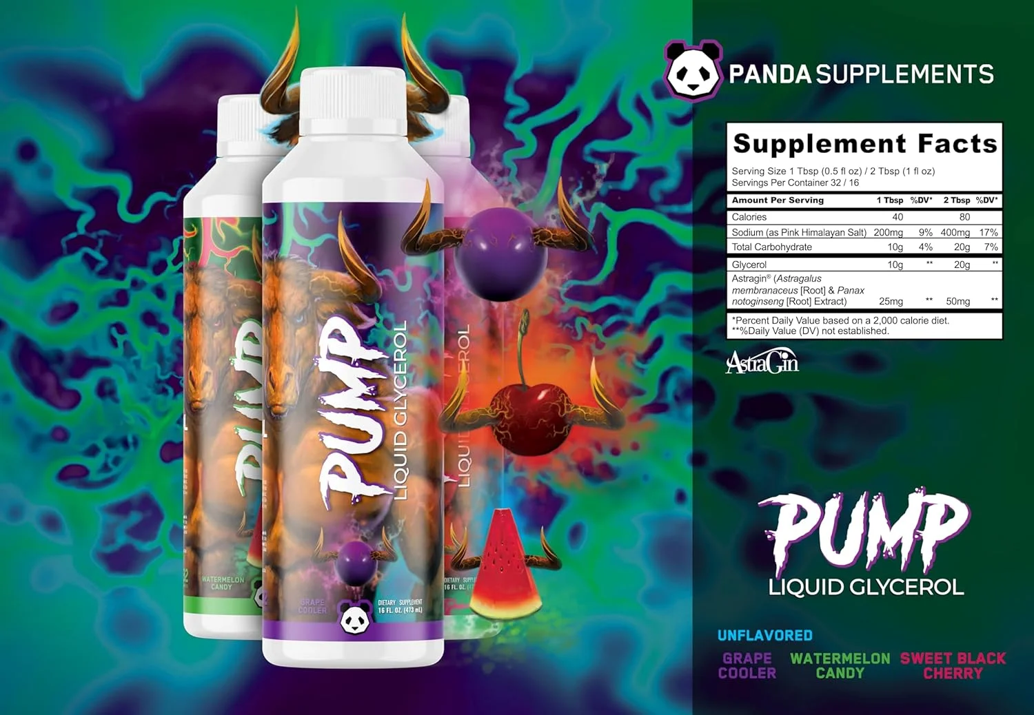 پاندا ساپس پمپ - گلیسرول مایع 20 گرم گلیسرول برای حداکثر پمپ، قدرت و استقامت (بدون محرک) (473ml/32 سروینگ) (آبنبات هندوانه)