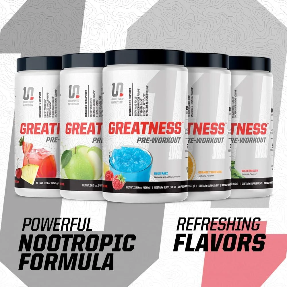مکمل قبل از تمرین Undefined Nutrition Greatness توسط برایان شاو (30 سروینگ) – 6 گرم سیترولین مالات و 3.2 گرم بتا آلانین برای پمپ عضلانی بهتر، انرژی، تمرکز و قدرت برای مردان و زنان (450 گرم، تمشک آبی)