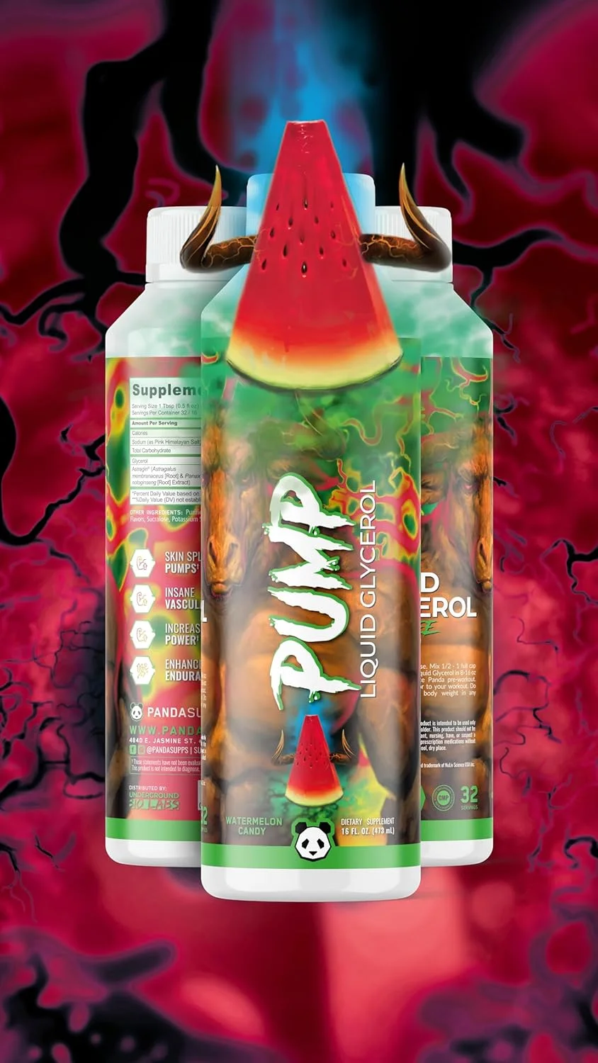 پاندا ساپس پمپ - گلیسرول مایع 20 گرم گلیسرول برای حداکثر پمپ، قدرت و استقامت (بدون محرک) (473ml/32 سروینگ) (آبنبات هندوانه)