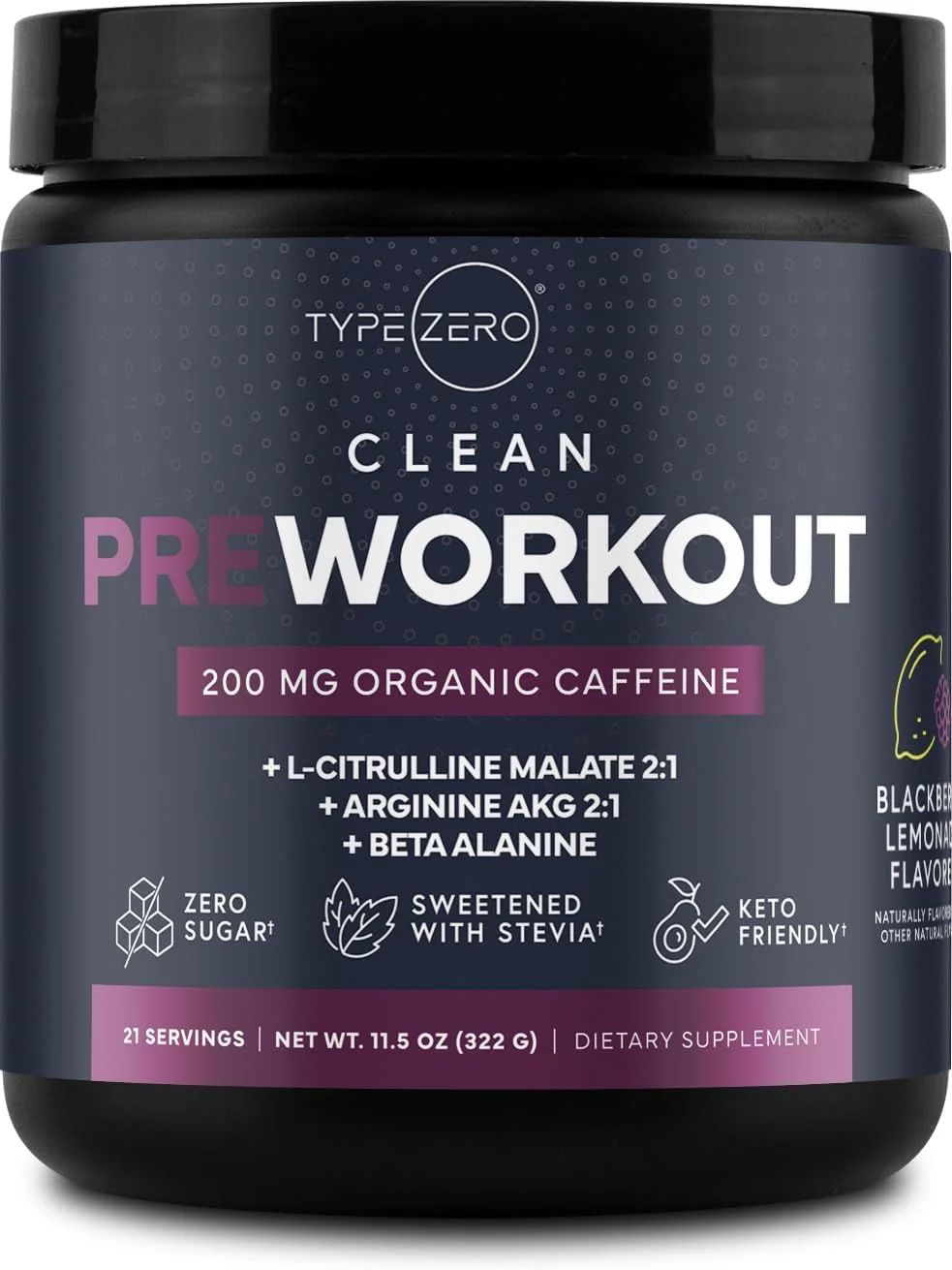 مکمل ورزشی قبل از تمرین تایپ زیرو کلین (320 گرم | بلک بری لیموناد) + ریشه چغندر + ال-آرژنین + ال-سیترولین - 2 گرم آرژنین، ال-سیترولین مالات، بدون شکر، کافئین ارگانیک قبل از تمرین