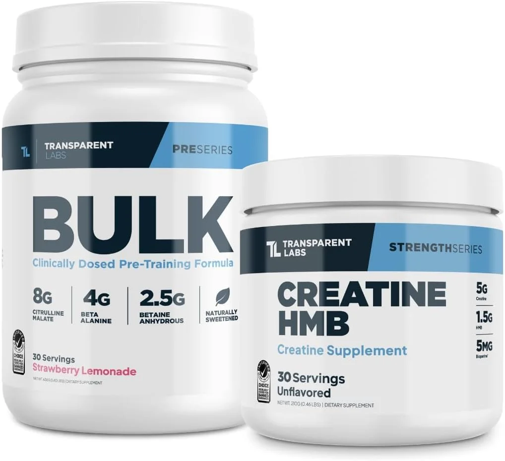 پودر قبل از تمرین ترنسپرنت لبز بالک (30 سروینگ، لیموناد توت فرنگی) و کراتین اچ ام بی (30 سروینگ، بدون طعم)