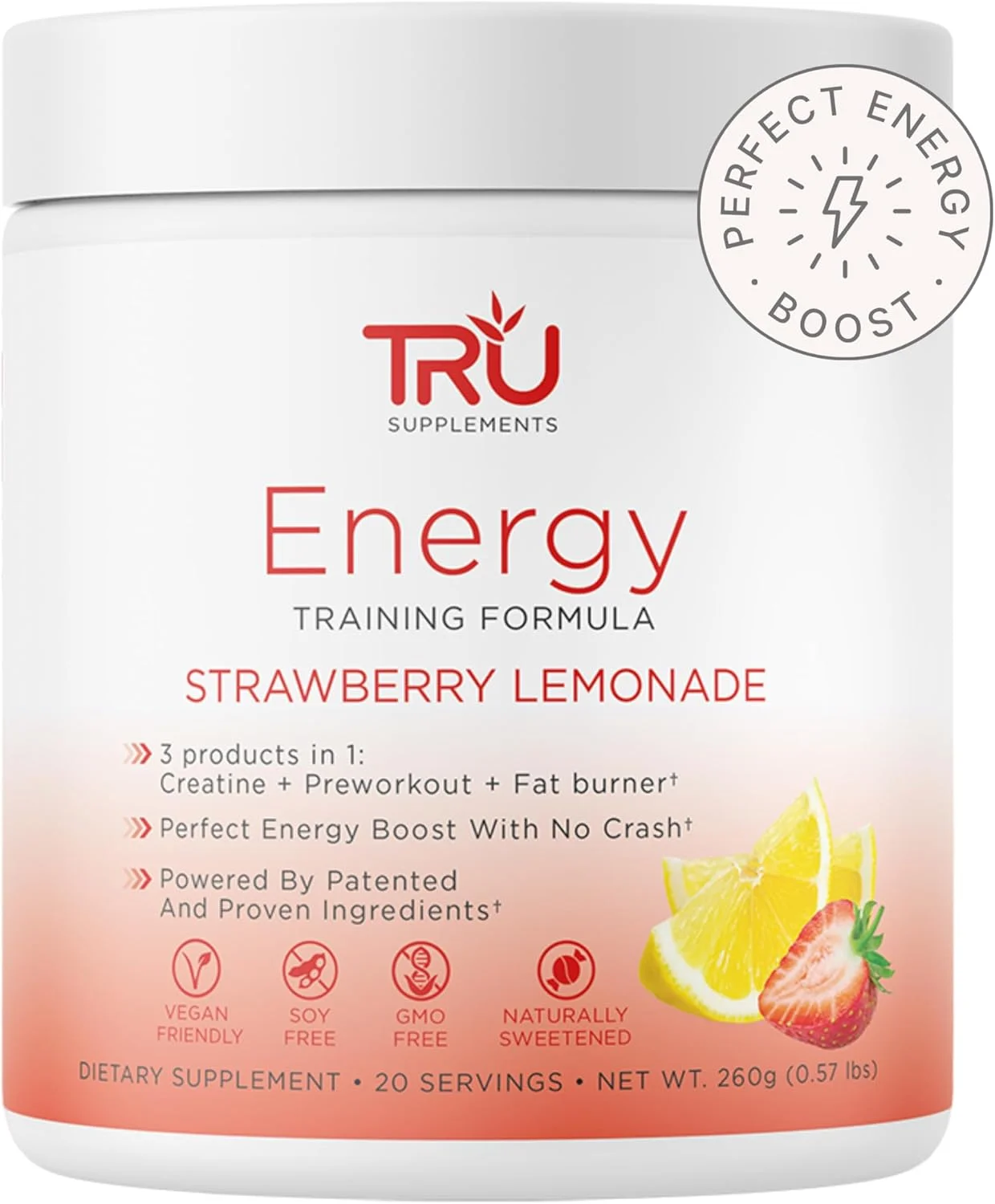 فرمول تمرینی انرژی زا TRU Supplements، مناسب گیاهخواران، بدون لرزش، بهبود عملکرد تمرین، طعم های طبیعی، 20 سروینگ (لیموناد توت فرنگی)
