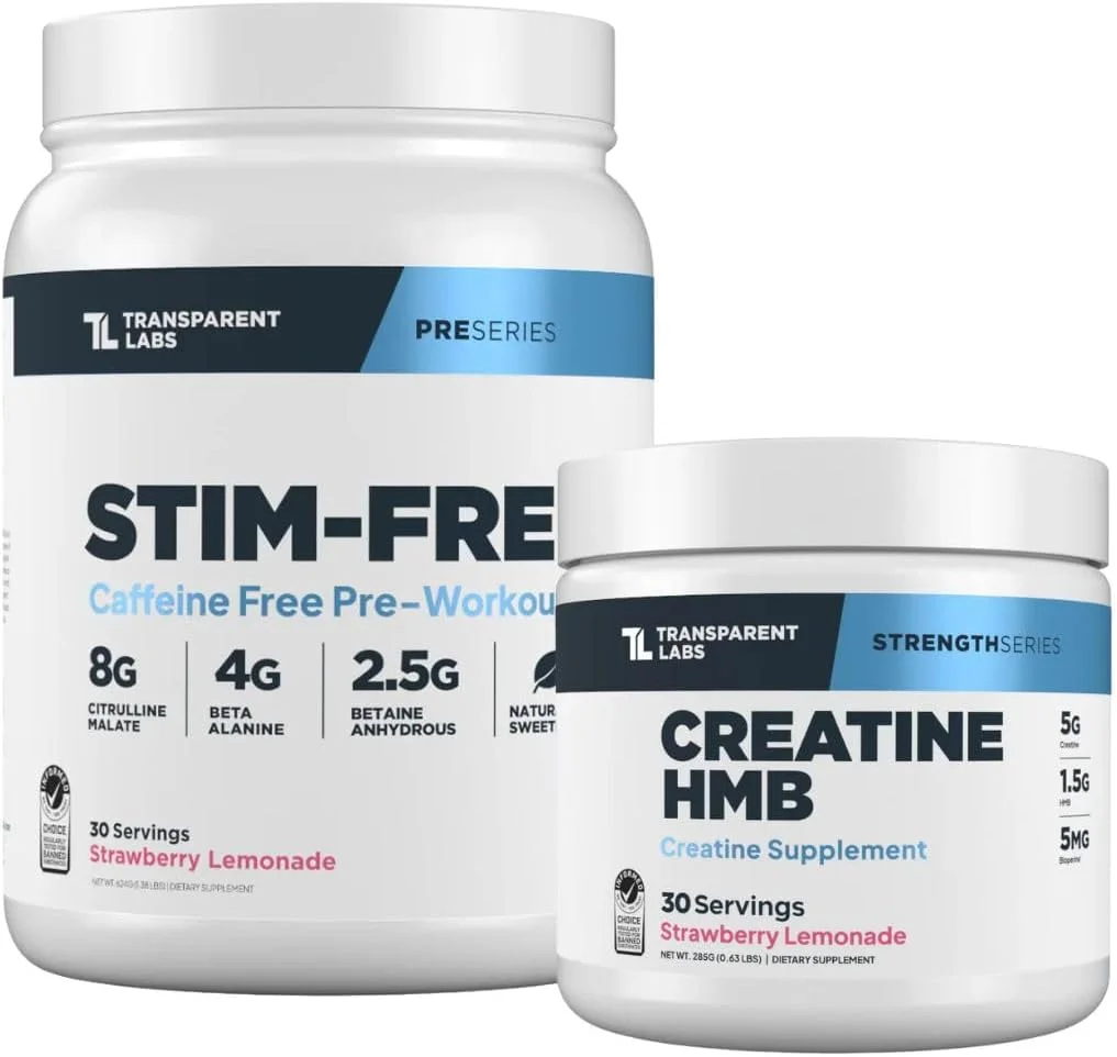 مکمل قبل از تمرین بدون محرک ترنسپرنت لبز (30 سروینگ، لیموناد توت فرنگی) و کراتین اچ ام بی (30 سروینگ، لیموناد توت فرنگی)