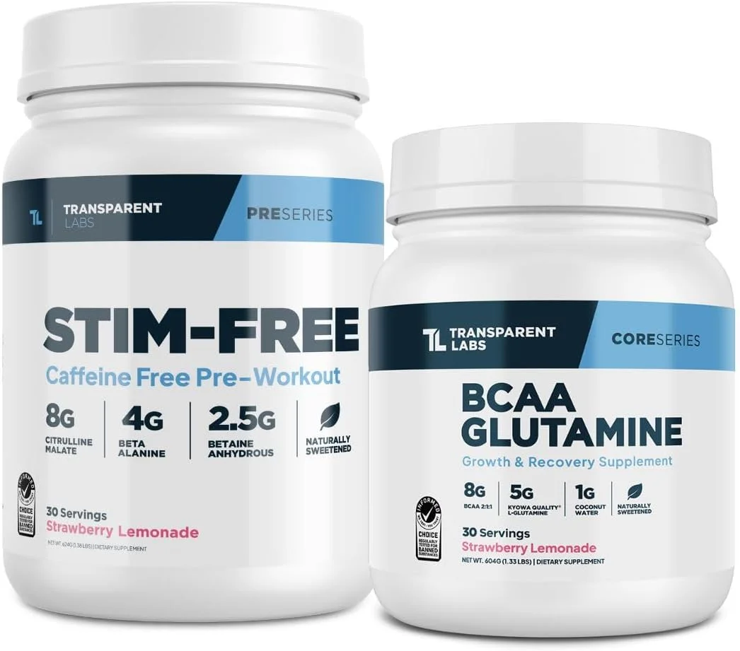 پودر قبل از تمرین بدون محرک ترنسپرنت لبز (30 سروینگ، لیموناد توت فرنگی) و BCAA گلوتامین (30 سروینگ، لیموناد توت فرنگی)