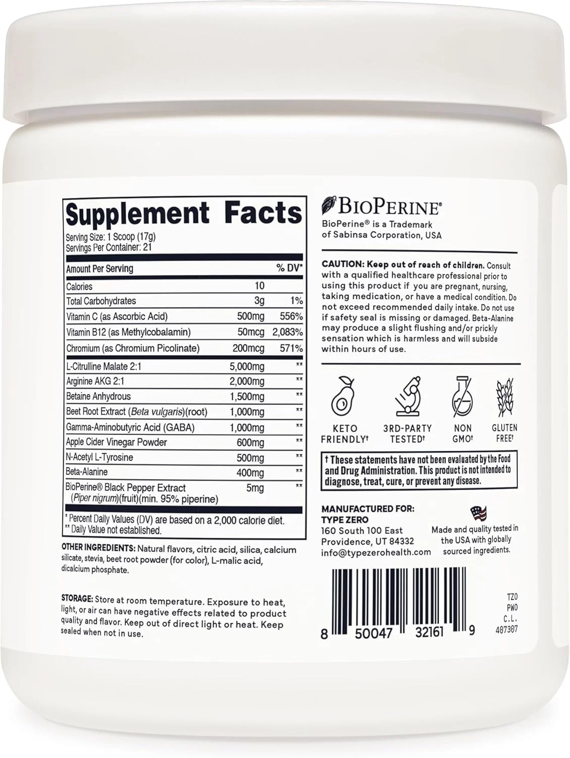مکمل پمپ قبل از تمرین بدون محرک و تقویت کننده نیتریک اکسید تایپ زیرو (طعم لیموناد گیلاس) - بدون کافئین و محرک برای آقایان و بانوان
