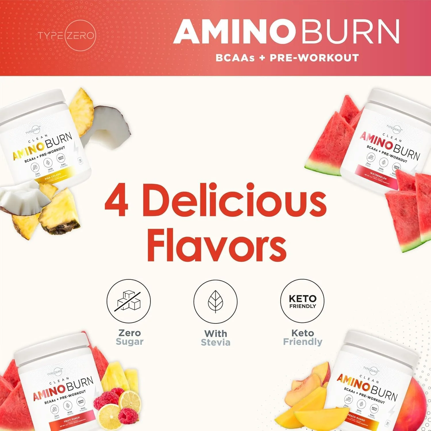 آمینو برن تایپ زیرو - مکمل قبل از تمرین + BCAA (پانچ گرمسیری | 30 سروینگ) بدون شکر، اسیدهای آمینه، مکمل کتو، نوشیدنی قبل، حین و بعد از تمرین