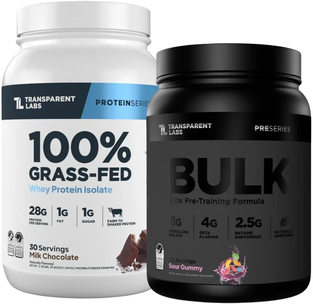 مکمل قبل از تمرین بالک بلک ترنسپرنت لبز (30 سروینگ، پاستیل ترش) و پروتئین وی ایزوله گاوی (30 سروینگ، شکلات شیری)