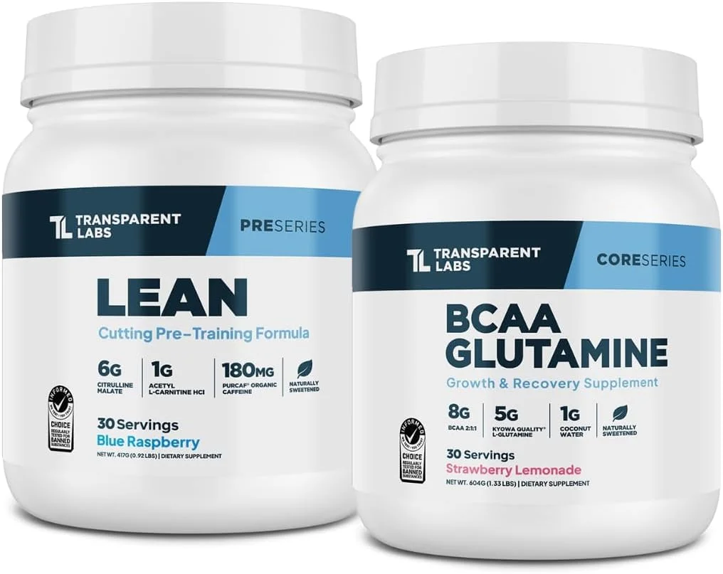 پودر مکمل ورزشی قبل تمرین لِین ترنسپرنت لبز (30 سروینگ، تمشک آبی) و بی سی ای ای گلوتامین (30 سروینگ، لیموناد توت فرنگی)