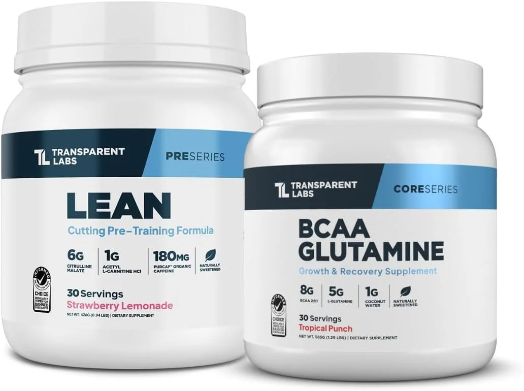 پودر مکمل ورزشی قبل تمرین ترنسپرنت لبز (30 سروینگ، لیموناد توت فرنگی) و بی سی ای ای گلوتامین (30 سروینگ، پانچ گرمسیری)