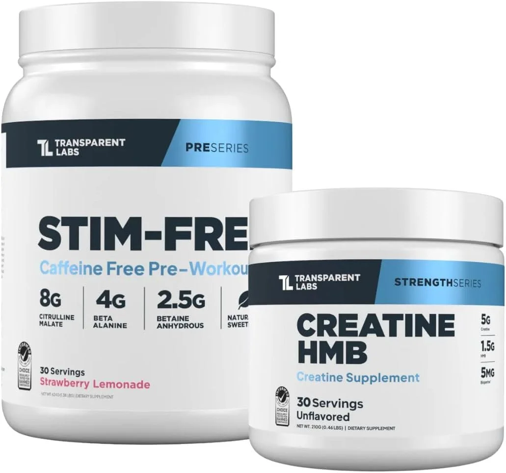 مکمل قبل از تمرین بدون محرک ترنسپرنت لبز (30 سروینگ، لیموناد توت فرنگی) و کراتین اچ ام بی (30 سروینگ، بدون طعم)