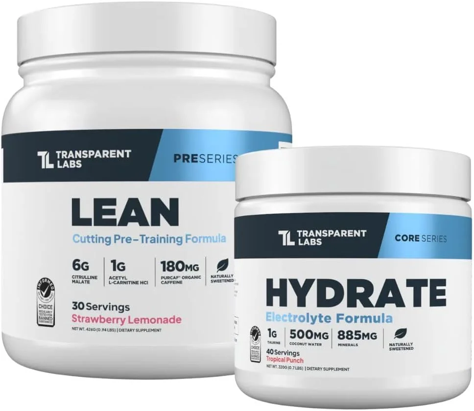 مکمل پیش از تمرین لاغری ترنسپرنت لبز (30 سروینگ، لیموناد توت فرنگی) و پودر الکترولیت آبرسان (40 سروینگ، پانچ گرمسیری)