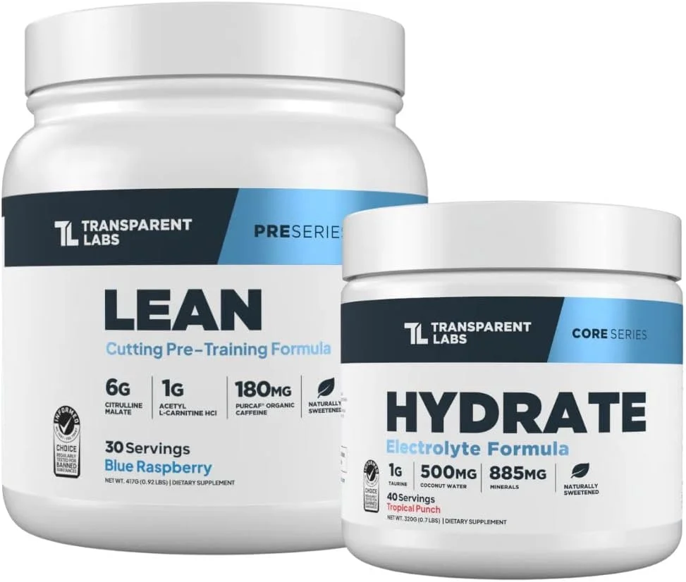 مکمل پیش از تمرین لین ترنسپرنت لبز (30 سروینگ، تمشک آبی) و پودر الکترولیت هیدرات (40 سروینگ، پانچ استوایی)